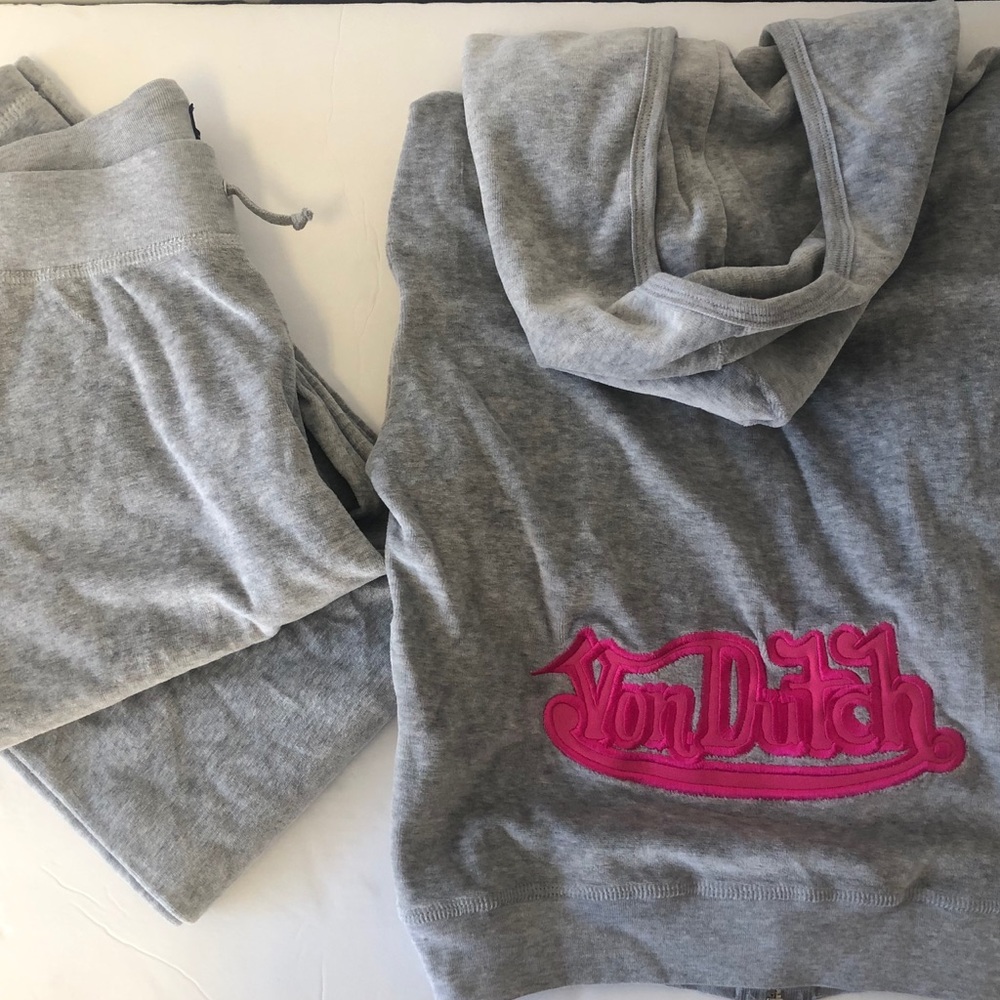 Von Dutch Gray Hoodie & Sweatpants with Pink Logo